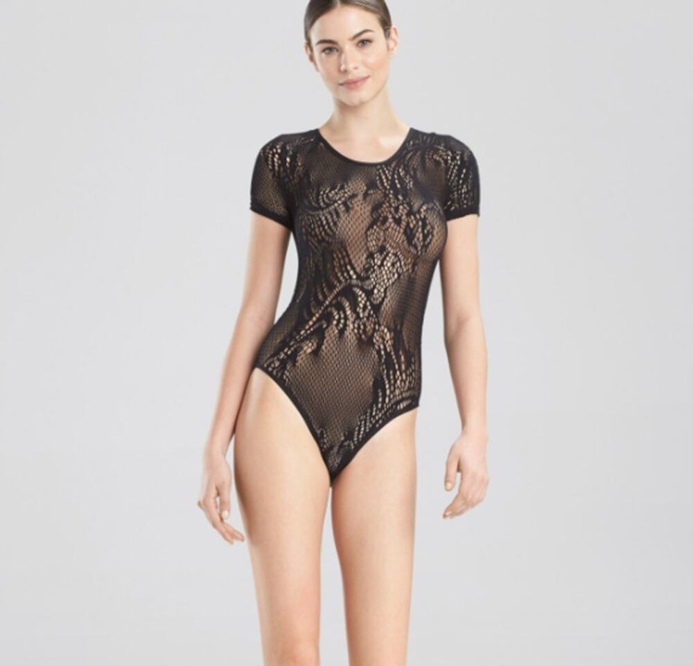 Natori Feathers Short Sleeve Bodysuit New Black Mesh Signature Pattern